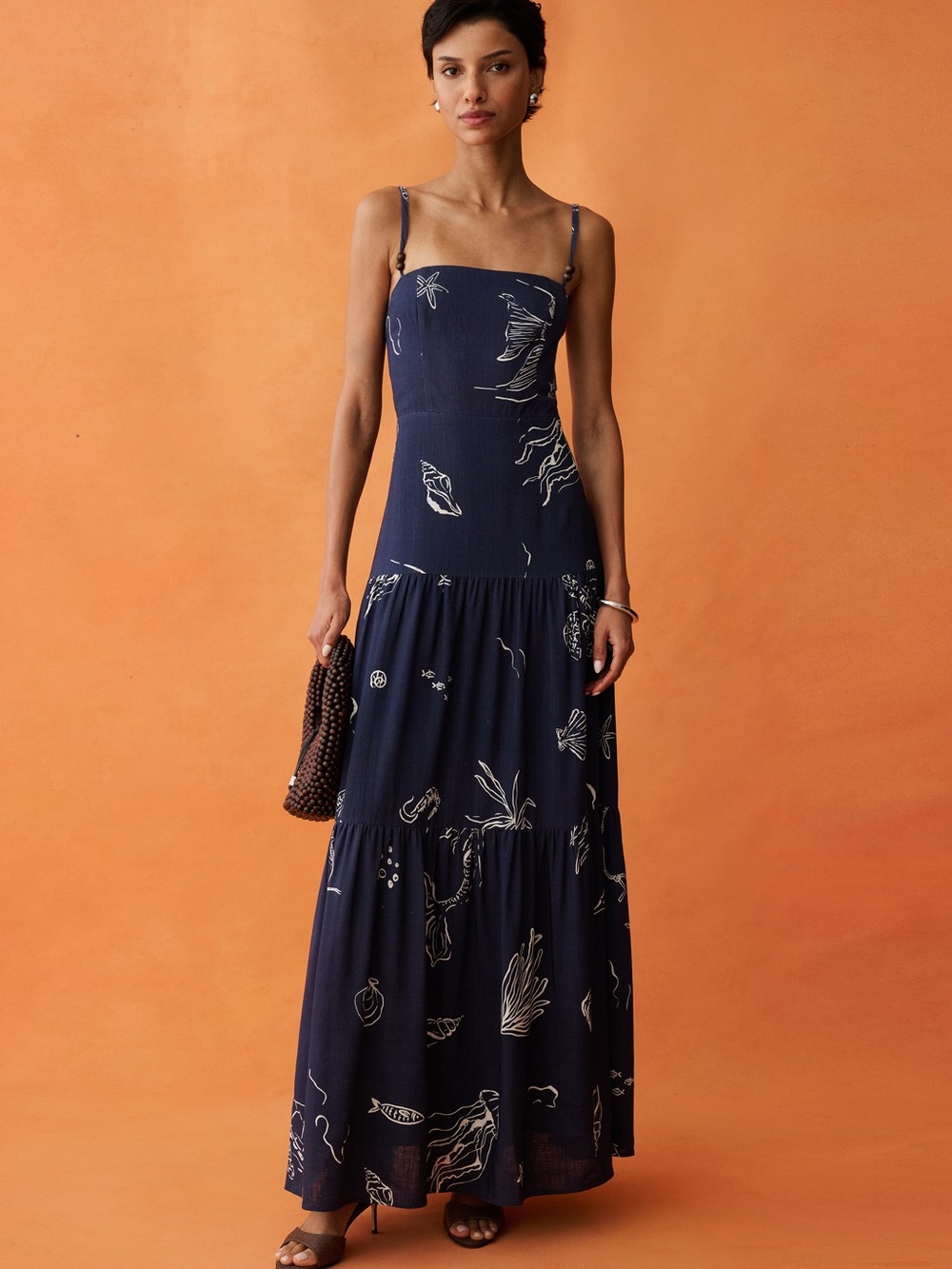 Caara Sleeveless Navy Botanical Print Tiered Maxi Dress NWT Sz 0